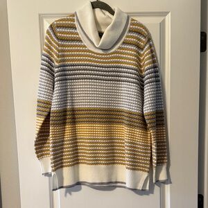 Cozy Striped Cowl Neck Sweater - Mustard, Gray, and Cream